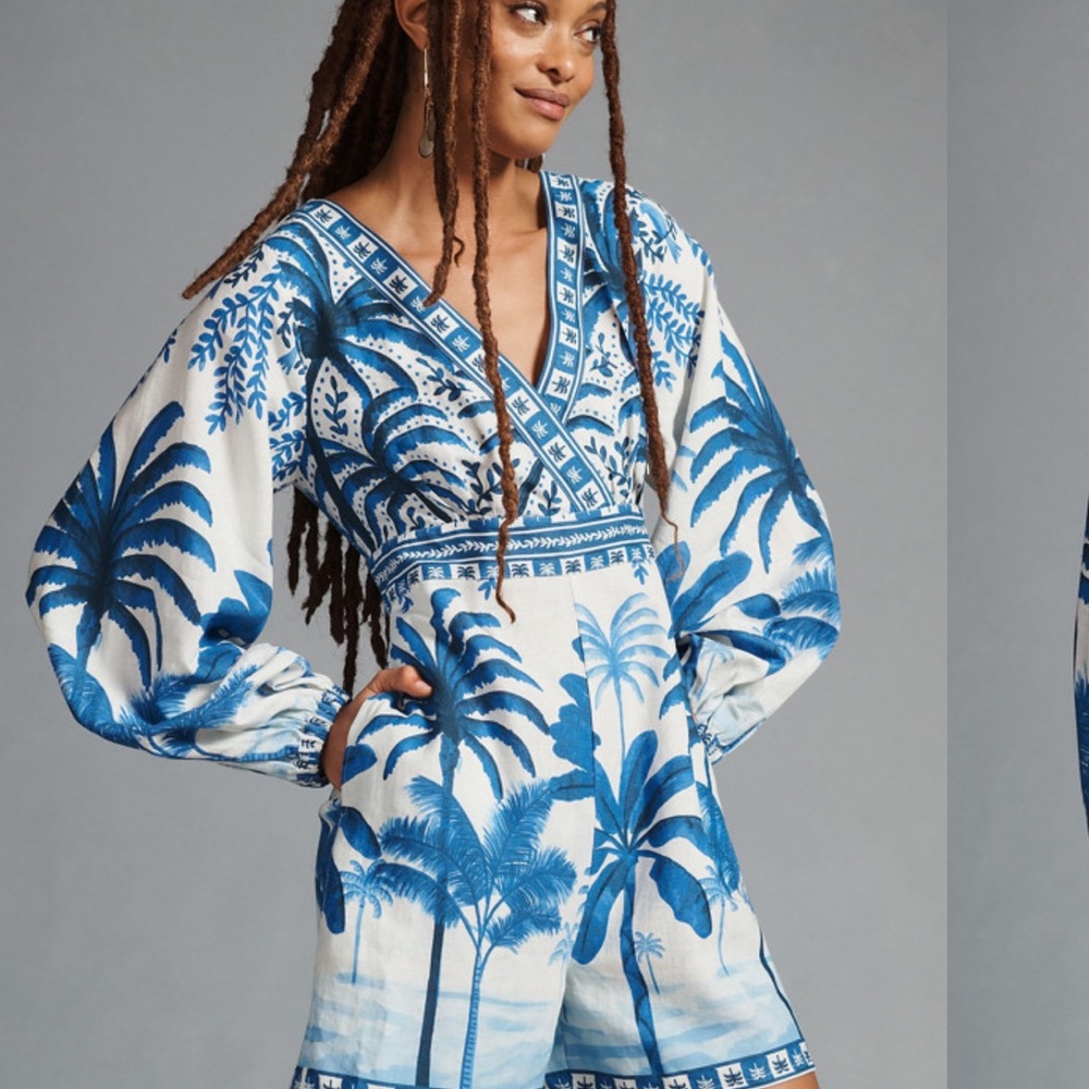 FARM Rio Blue and White Palm Print Tunic Romper